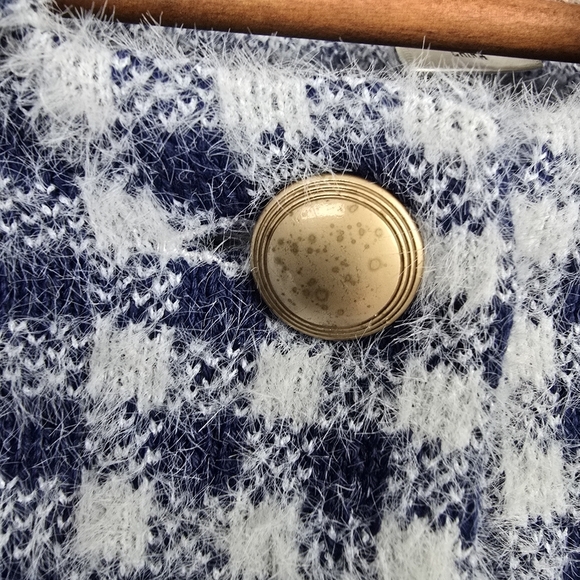 MAX STUDIO Fuzzy Cardigan Sweater Blue White Gingham Womens Size M Old Money - Picture 4 of 11
